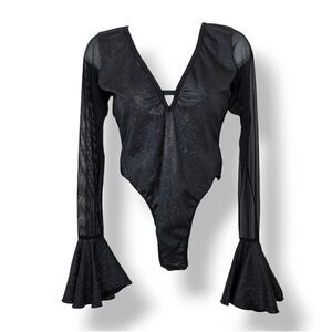 Open Tie Back Silver Foil Dot Sheer Mesh Bell Sleeve Festival Bodysuit Size S